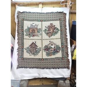 Vintage Debbie Mumm Winter Birdhouse Woven Wall Tapestry Sofa Throw 45 x 53